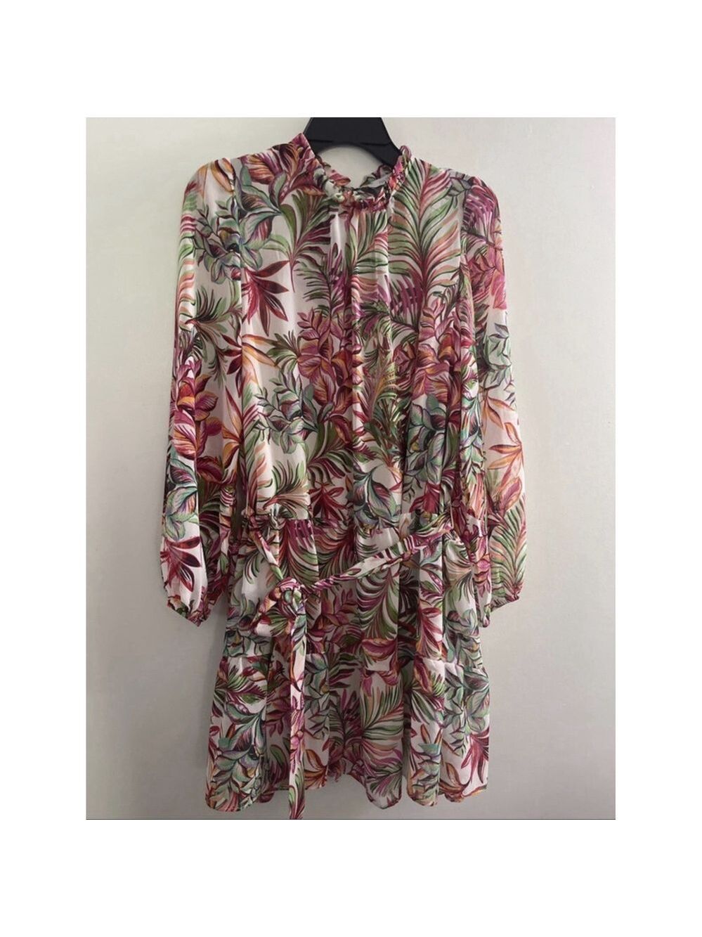 Julia Jordan Tropical Floral Belted A-Line Dress Size 6 Long Sleeve Mock Neck